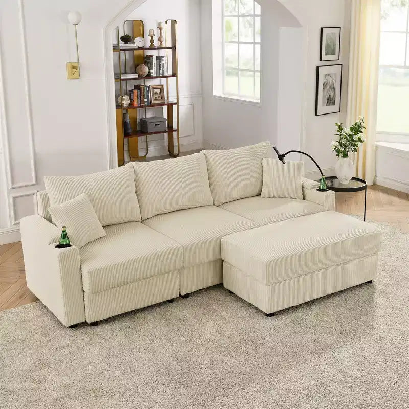 GDFStudio Rod Modern 3 Seater Corduroy 102 Sofa with Cup Holders,Mobile Phone Holder, Armrest Storage and Ottoman