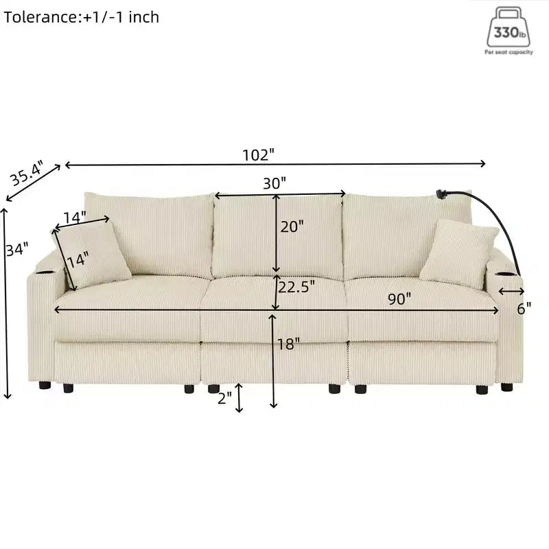 GDFStudio Rod Modern 3 Seater Corduroy 102 Sofa with Cup Holders,Mobile Phone Holder, Armrest Storage and Ottoman