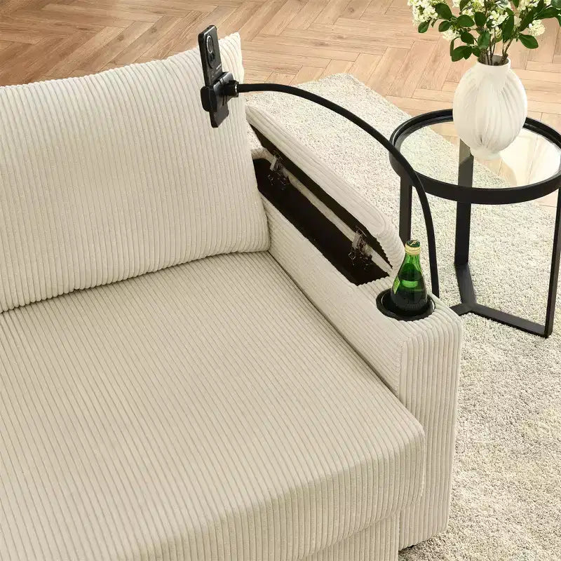 GDFStudio Rod Modern 3 Seater Corduroy 102 Sofa with Cup Holders,Mobile Phone Holder, Armrest Storage and Ottoman