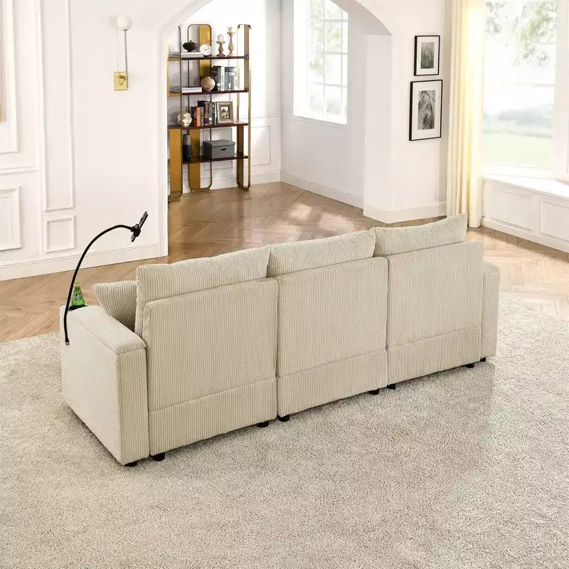 GDFStudio Rod Modern 3 Seater Corduroy 102 Sofa with Cup Holders,Mobile Phone Holder, Armrest Storage and Ottoman