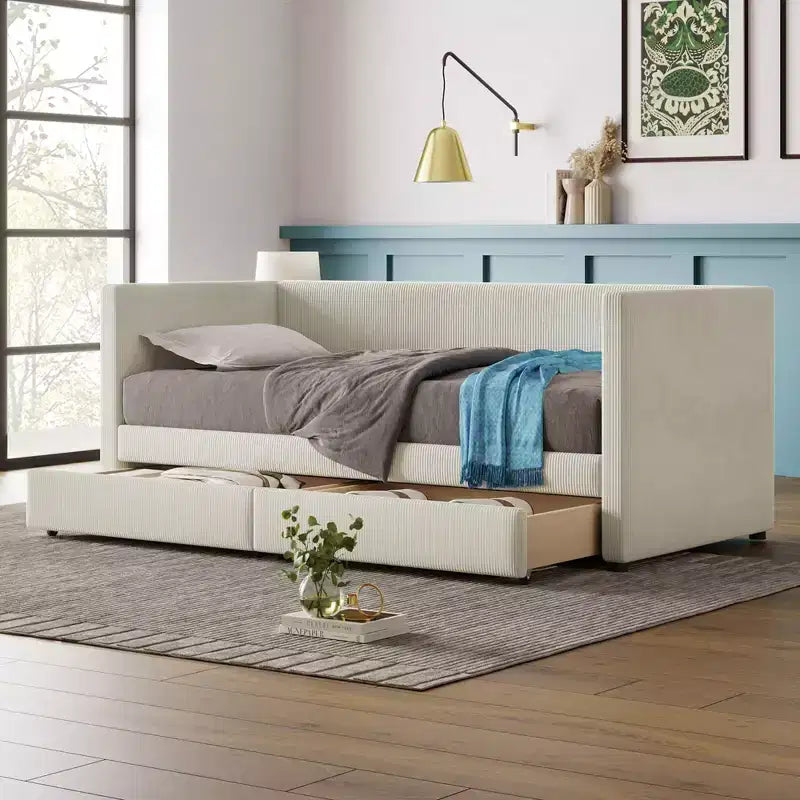 Dual Purpose: Stylish Twin Daybed with Corduroy Upholstery and Drawers