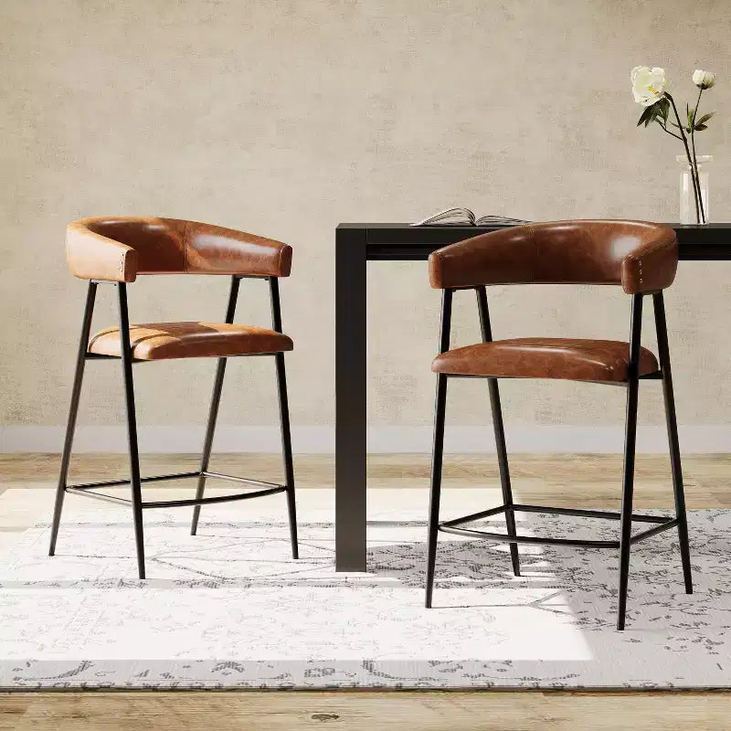 Christopher Knight Home Sara Upholstered 26 Faux Leather Iron Frame Counter Stool with Footrest, Brown