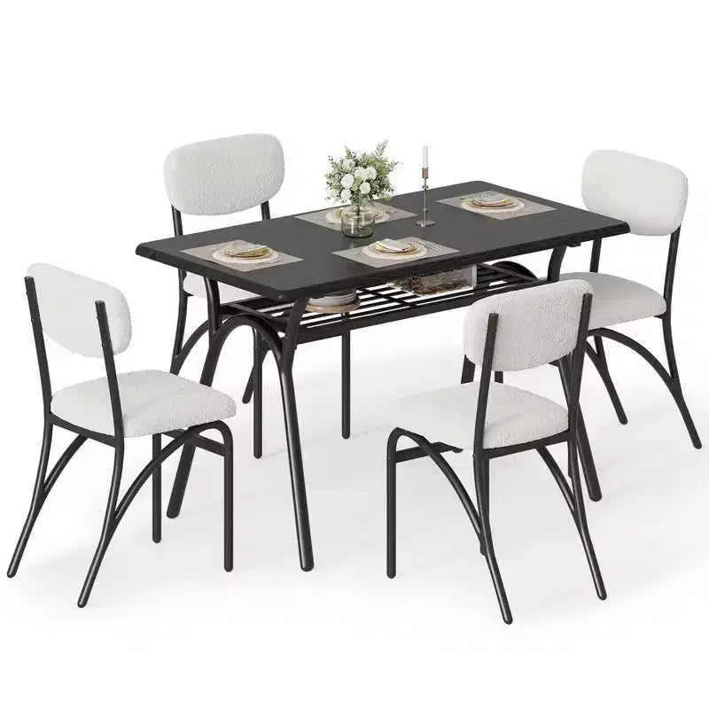 WhizMax Dining Table Set for 4, Rectangular Kitchen Table with 4 Boucle Chairs, Dining Table with Storage