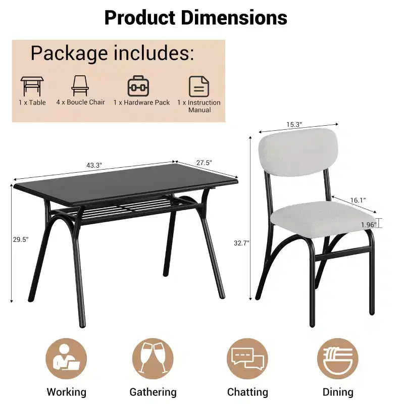 WhizMax Dining Table Set for 4, Rectangular Kitchen Table with 4 Boucle Chairs, Dining Table with Storage