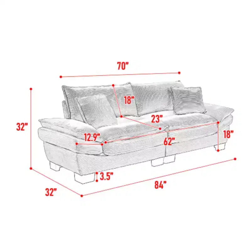 Stylish Corduroy Deep Seat Sofa: Loveseat Size with Pillows and Sleeper Function