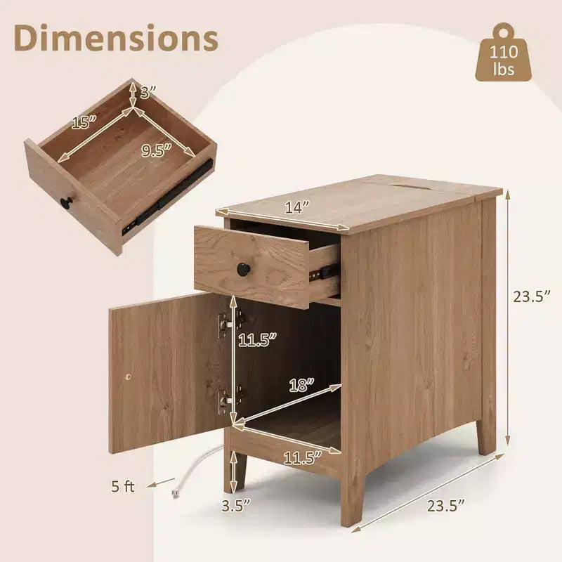 Costway 1/2 PCS End Table with Charging Station Flip Top Bedside Table with USB Ports & Outlets Brown