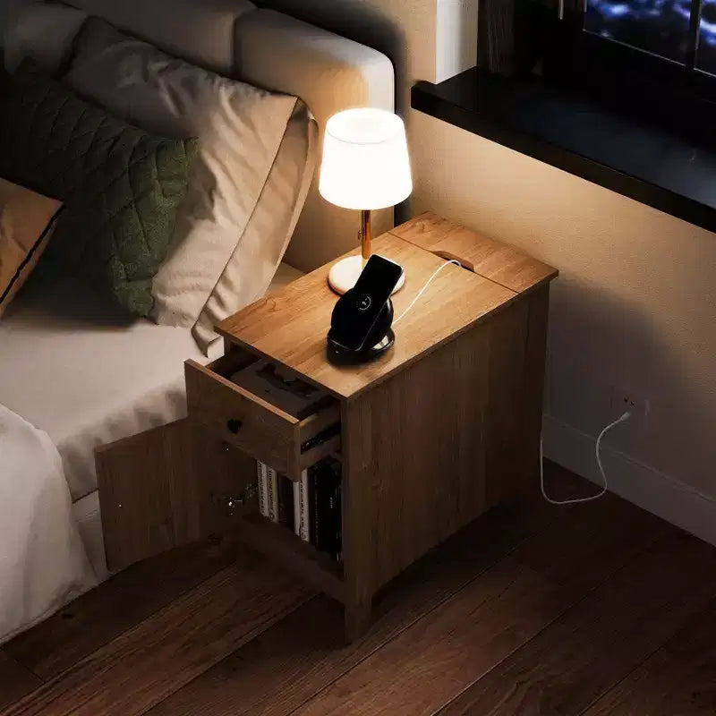 Costway 1/2 PCS End Table with Charging Station Flip Top Bedside Table with USB Ports & Outlets Brown