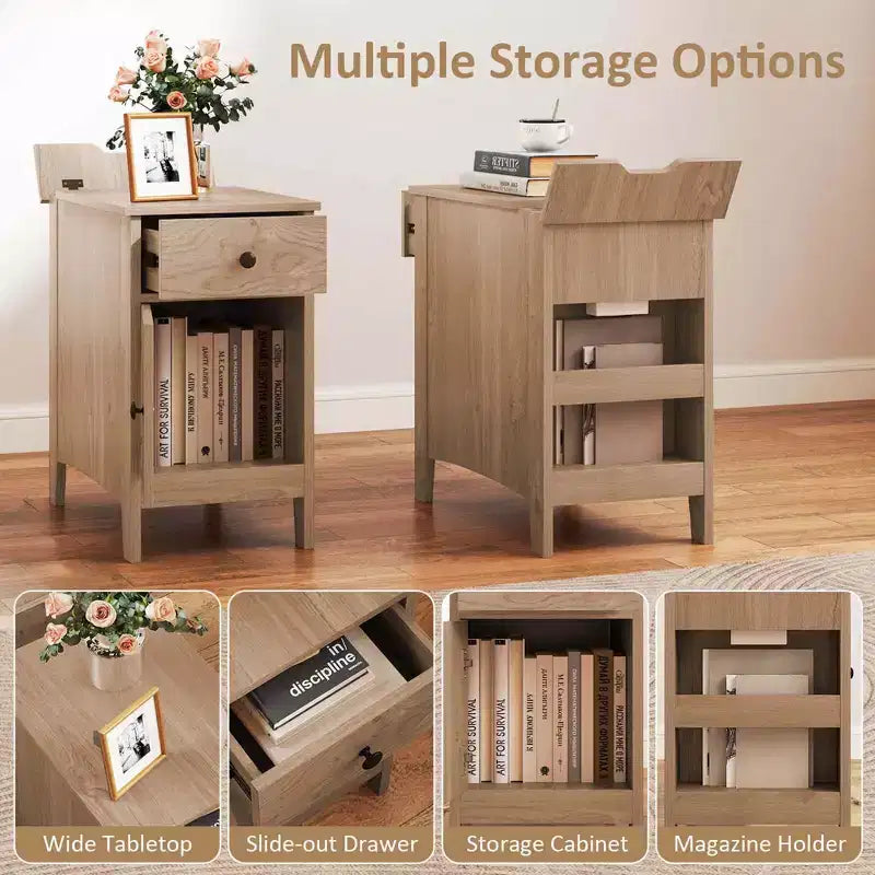 Costway 1/2 PCS End Table with Charging Station Flip Top Bedside Table with USB Ports & Outlets Brown