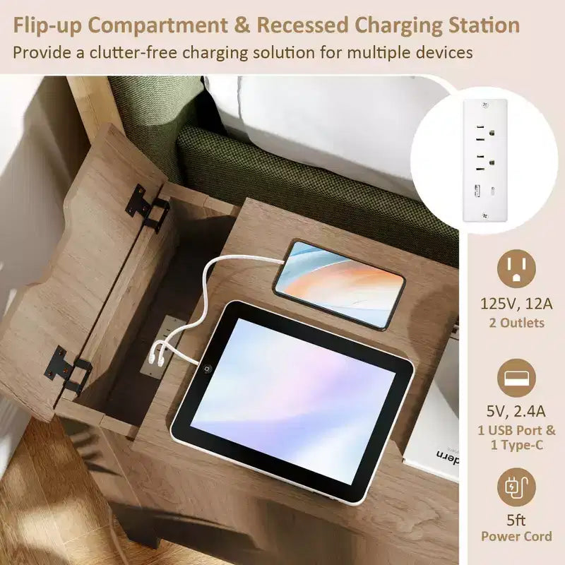 Costway 1/2 PCS End Table with Charging Station Flip Top Bedside Table with USB Ports & Outlets Brown