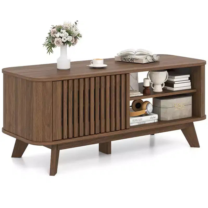 Costway Coffee Table with Storage Adjustable Shelves & 2 Doors Wood Cocktail Table