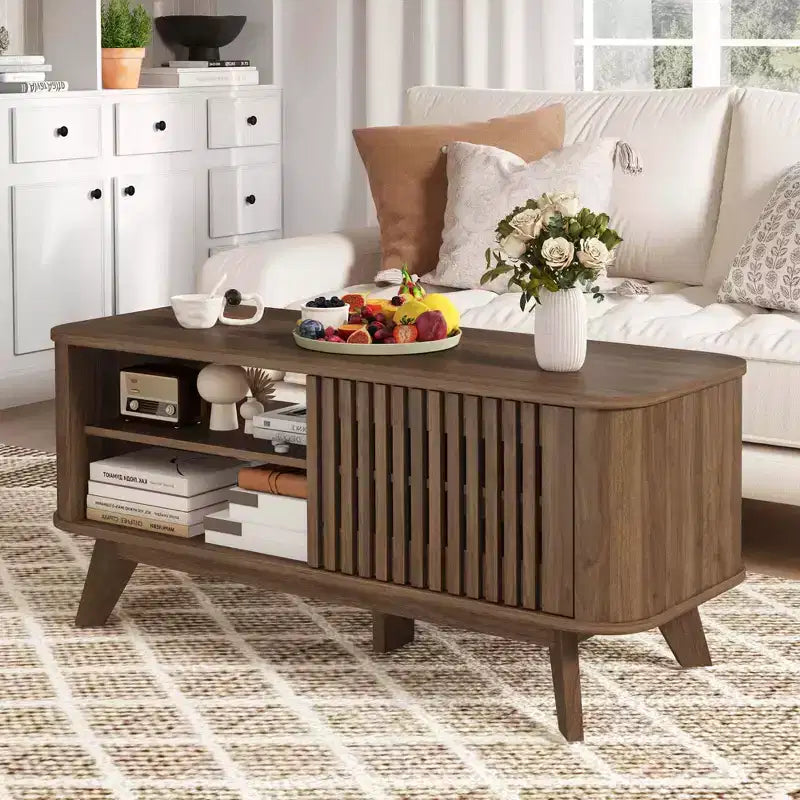 Costway Coffee Table with Storage Adjustable Shelves & 2 Doors Wood Cocktail Table