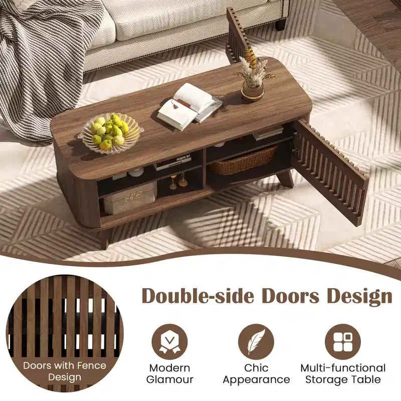 Costway Coffee Table with Storage Adjustable Shelves & 2 Doors Wood Cocktail Table