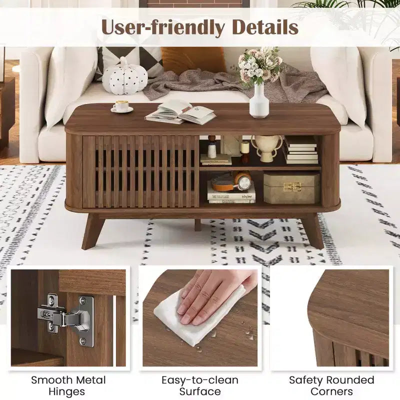 Costway Coffee Table with Storage Adjustable Shelves & 2 Doors Wood Cocktail Table