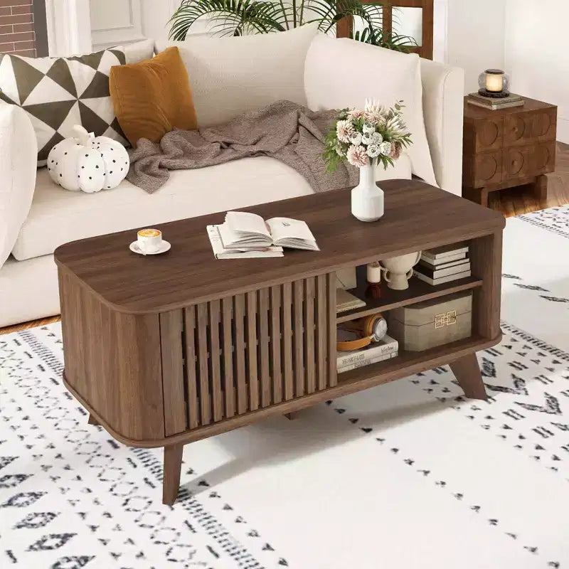 Costway Coffee Table with Storage Adjustable Shelves & 2 Doors Wood Cocktail Table