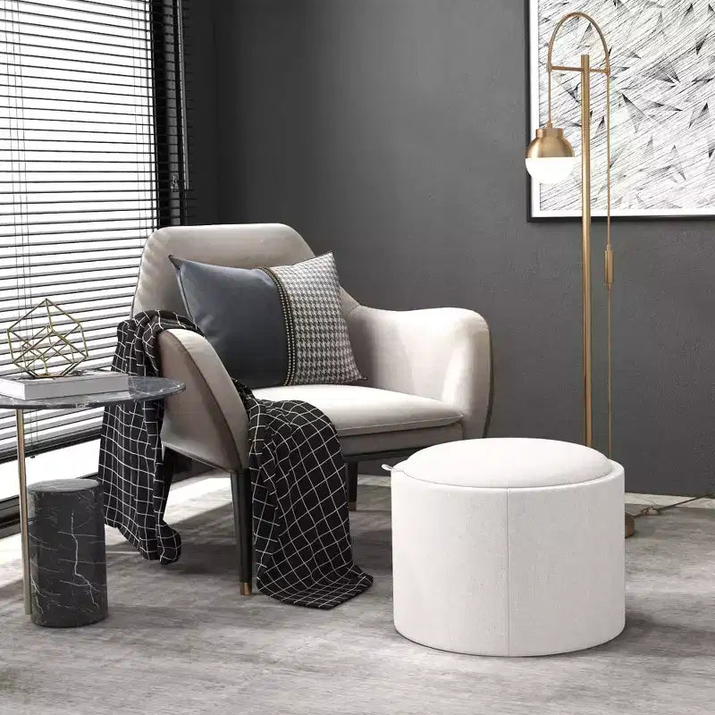 HOMCOM Storage Ottoman Coffee Table with Flip Top Tray and Hidden Space, Round Foot Stool with Linen-feel Fabric Upholstery