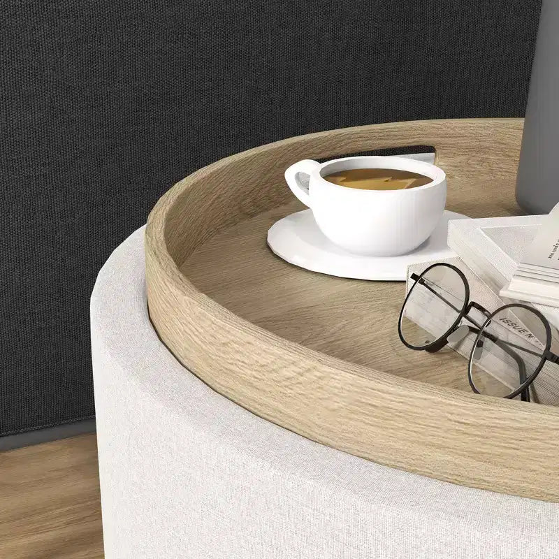 HOMCOM Storage Ottoman Coffee Table with Flip Top Tray and Hidden Space, Round Foot Stool with Linen-feel Fabric Upholstery