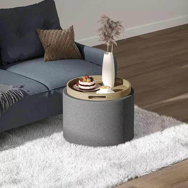 HOMCOM Storage Ottoman Coffee Table with Flip Top Tray and Hidden Space, Round Foot Stool with Linen-feel Fabric Upholstery
