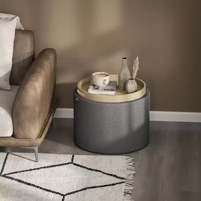 HOMCOM Storage Ottoman Coffee Table with Flip Top Tray and Hidden Space, Round Foot Stool with Linen-feel Fabric Upholstery