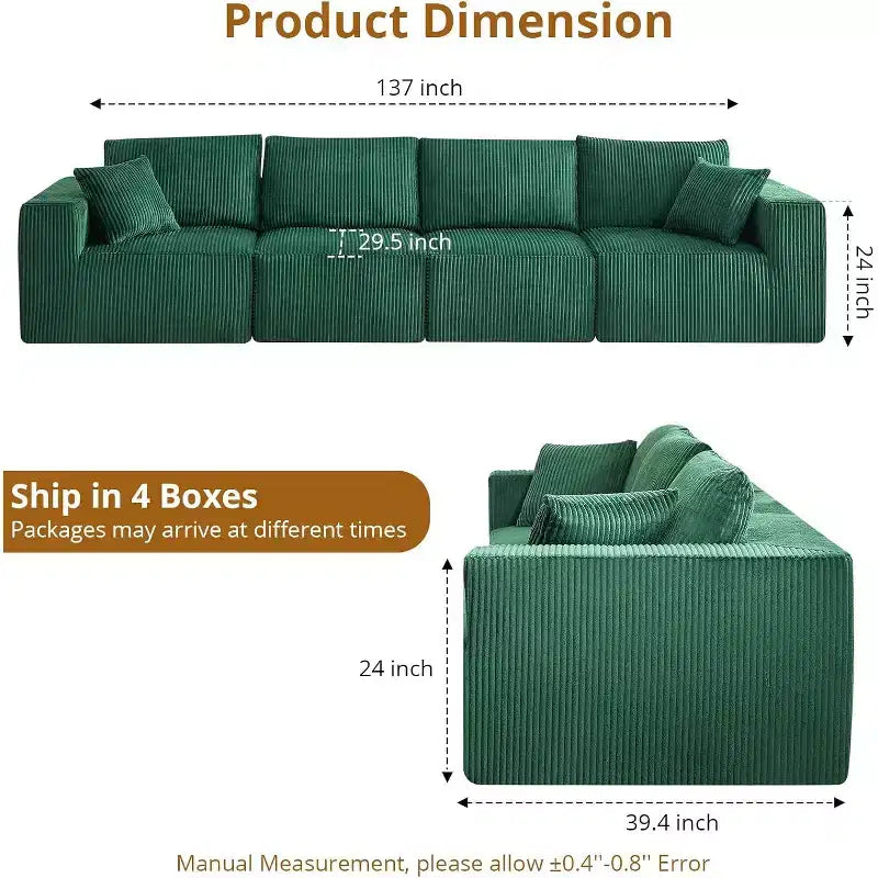 137 Sectional Couch Cloud Modular Modern Linear Sofa with Chaise Lounge, Corduroy Fabric, No Assembly Required, Convertible Compression Sleeper Sofa
