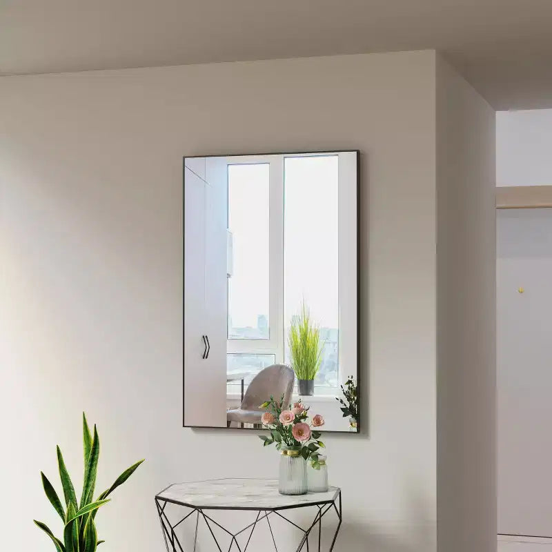 36x24 Modern Black Bathroom Mirror: Aluminum Frame, Vertical/Horizontal, Decorative