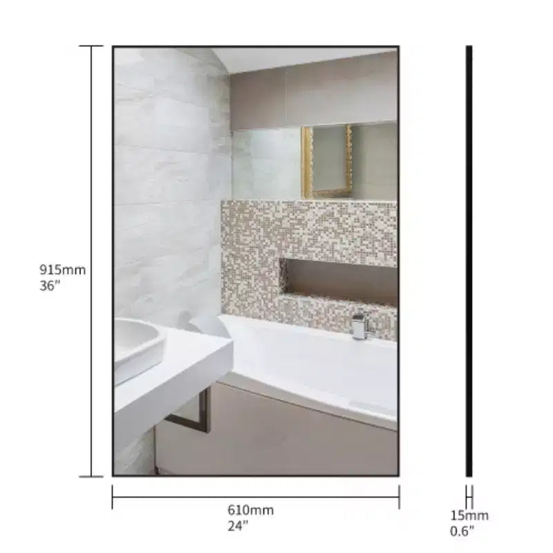 36x24 Modern Black Bathroom Mirror: Aluminum Frame, Vertical/Horizontal, Decorative