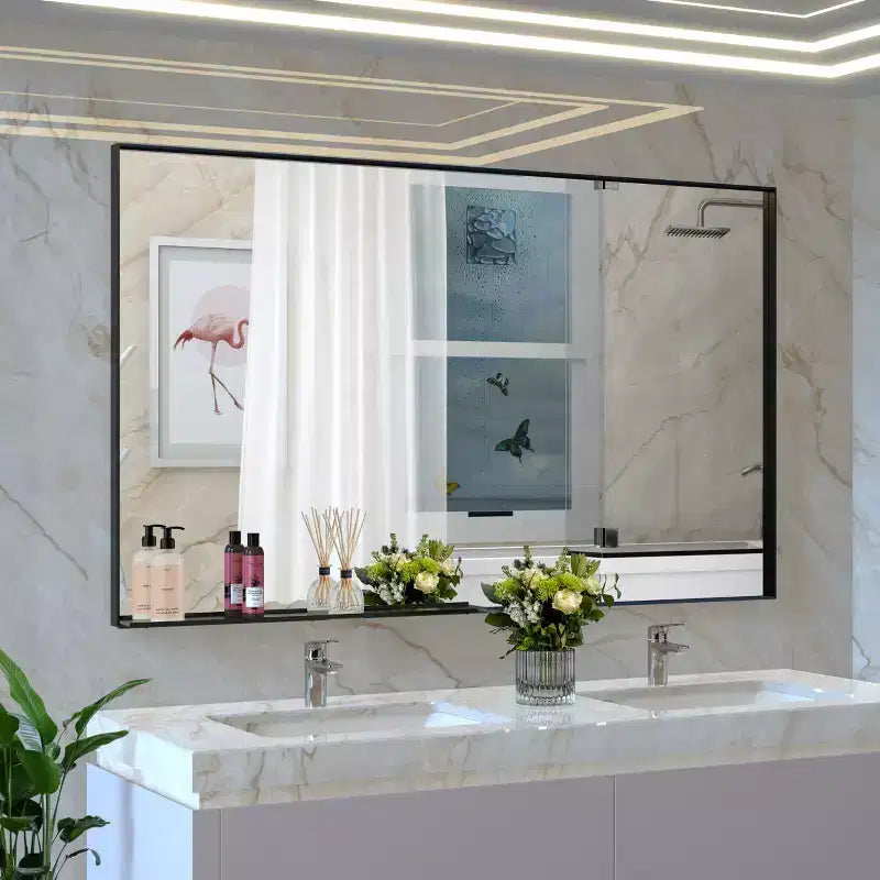 60x40 Modern Black Frame?Bathroom Mirror:?Oversized, Aluminum, Wall Mounted, Vertical/Horizontal