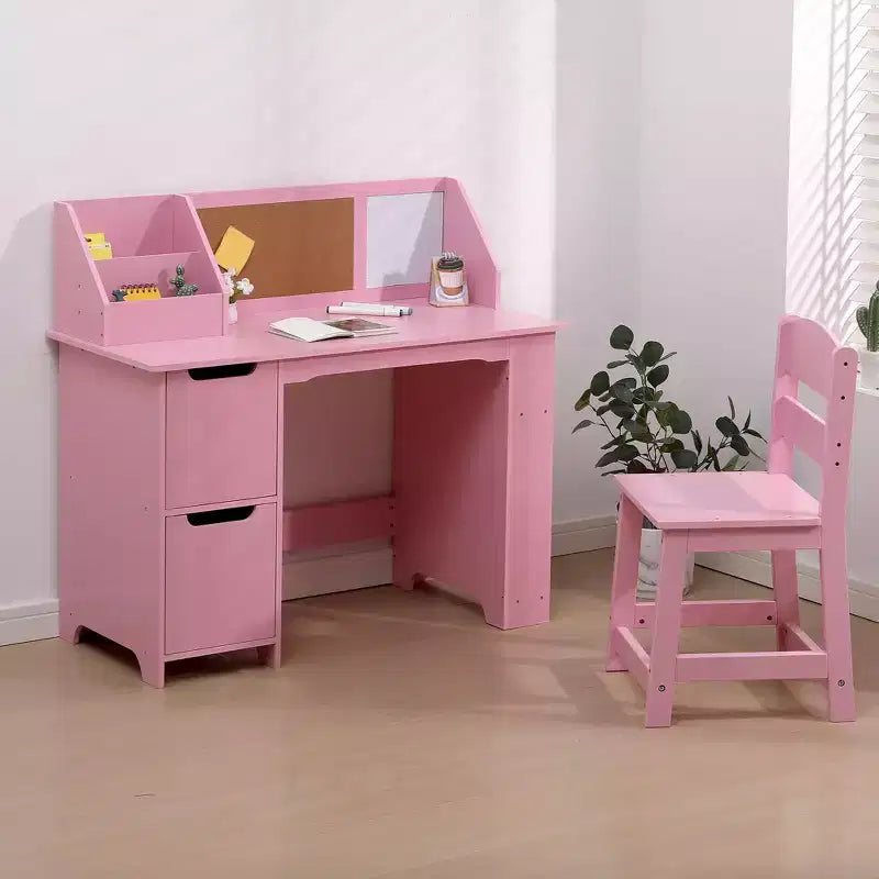 Kids Study Desk and Chair Set, Wooden School Learning Table with Storage, Hutch and Bulletin Board