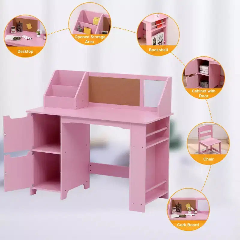 Kids Study Desk and Chair Set, Wooden School Learning Table with Storage, Hutch and Bulletin Board