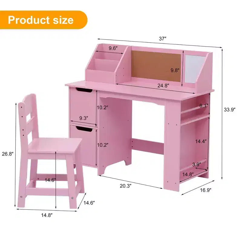 Kids Study Desk and Chair Set, Wooden School Learning Table with Storage, Hutch and Bulletin Board