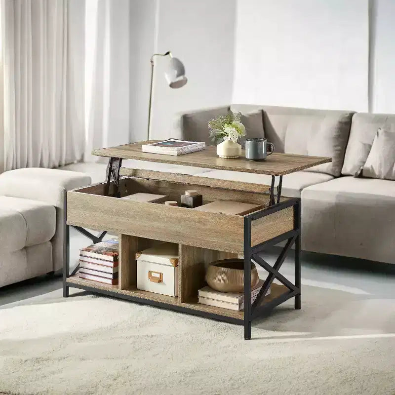 19.7 x 39.4 x (19.3-24.4) In Lift Top Coffee Table with Hidden Compartments and Storage Shelf, Lifting Top Accent Table for Living Room, Office