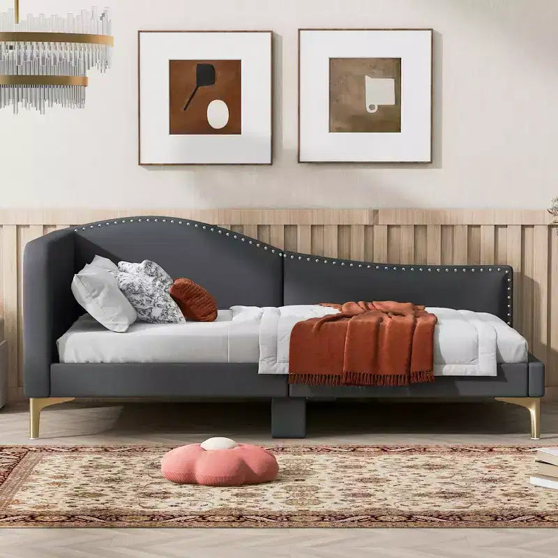 Twin/Full Size Linen Upholstered Daybed with Headboard and Armrest, Support Legs - HABITRIO