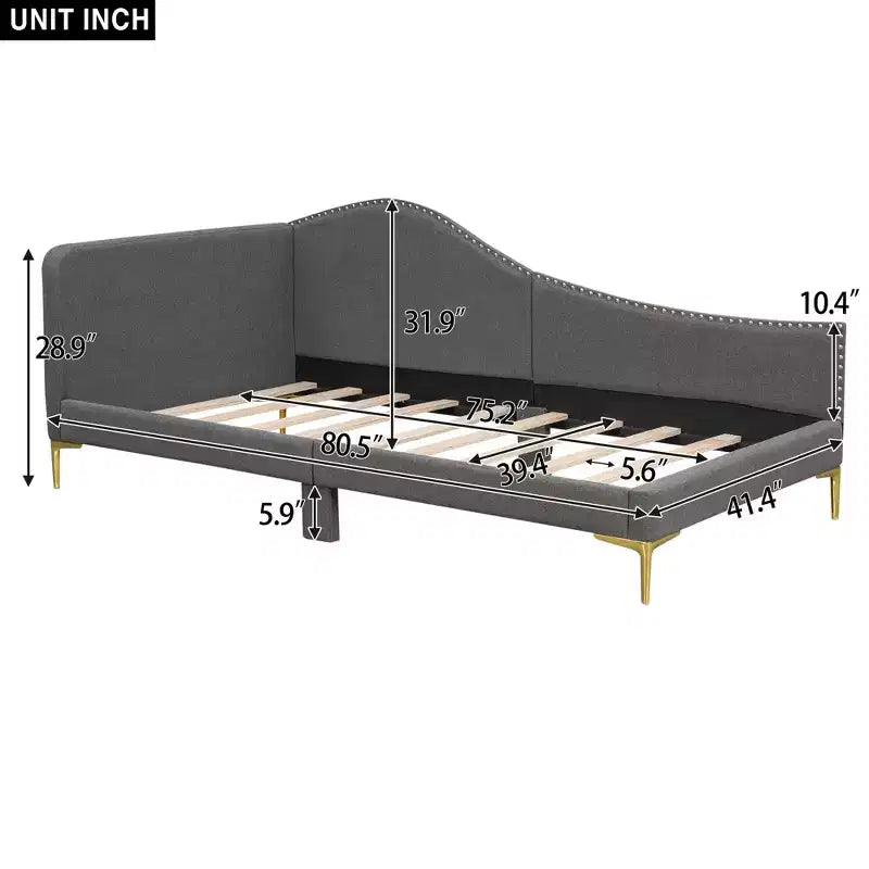 Twin/Full Size Linen Upholstered Daybed with Headboard and Armrest, Support Legs - HABITRIO