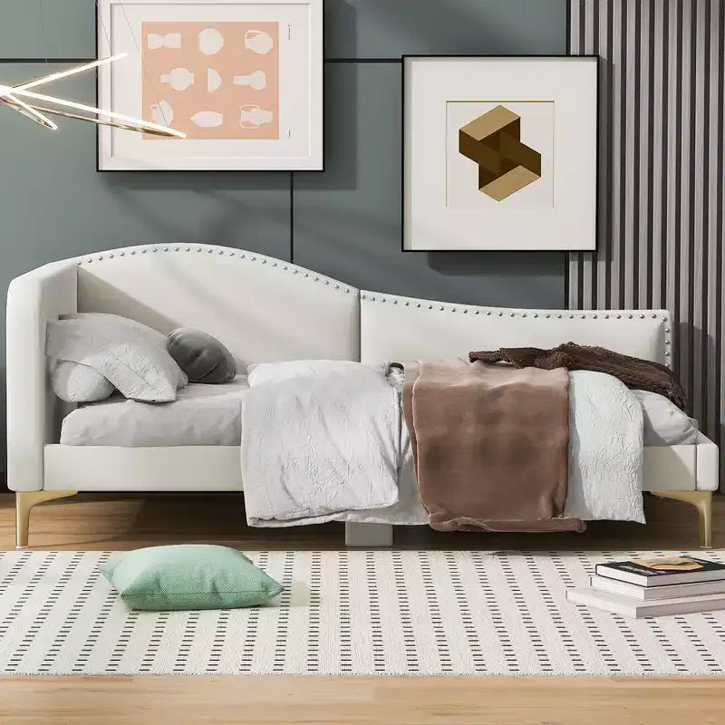 Twin/Full Size Linen Upholstered Daybed with Headboard and Armrest, Support Legs - HABITRIO