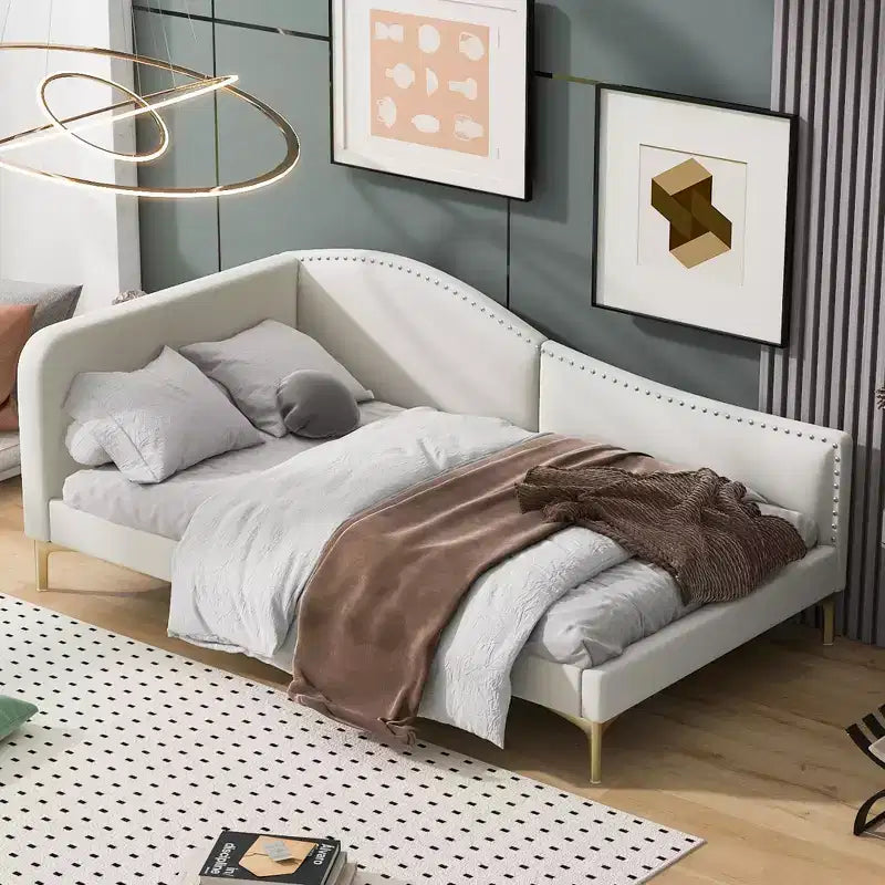 Twin/Full Size Linen Upholstered Daybed with Headboard and Armrest, Support Legs - HABITRIO