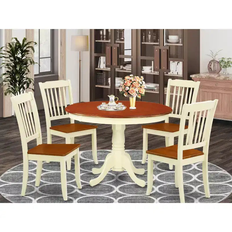 HomeStock Modern 5 Piece Dining Table Set Round Pedestal Table Cherry Buttermilk