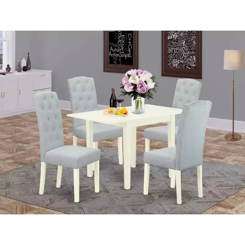 HomeStock 5 Piece Linen White Dining Table Set with Baby Blue Chairs