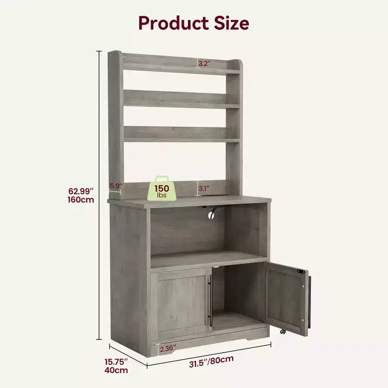 Microwave Stand Bakers Rack Cabinet, Farmhouse Wooden Storage Cabinet with Power Outlet with Thickened Counter