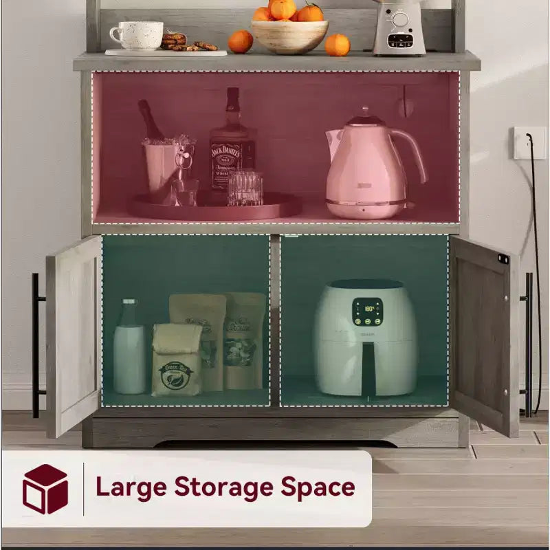 Microwave Stand Bakers Rack Cabinet, Farmhouse Wooden Storage Cabinet with Power Outlet with Thickened Counter