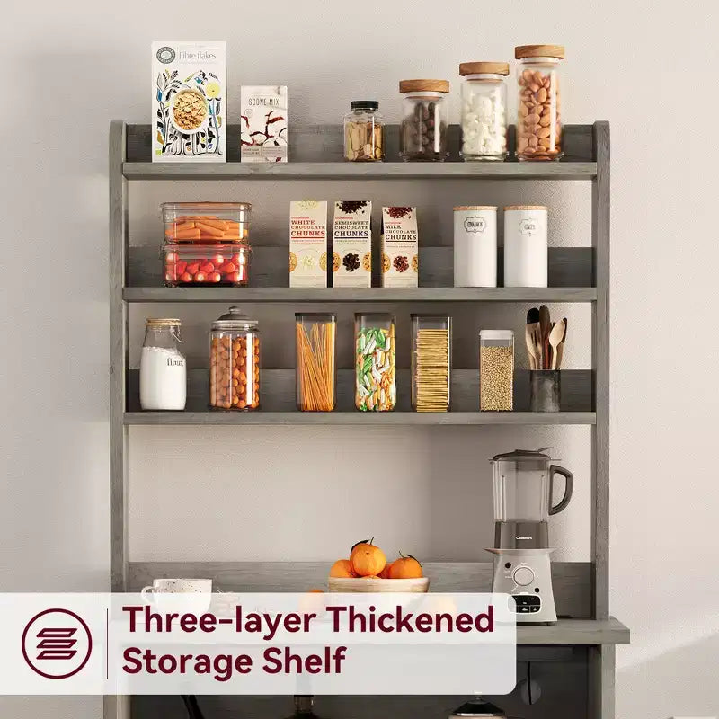 Microwave Stand Bakers Rack Cabinet, Farmhouse Wooden Storage Cabinet with Power Outlet with Thickened Counter