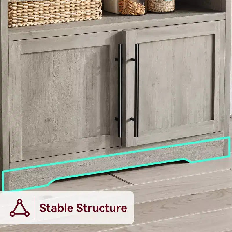 Microwave Stand Bakers Rack Cabinet, Farmhouse Wooden Storage Cabinet with Power Outlet with Thickened Counter