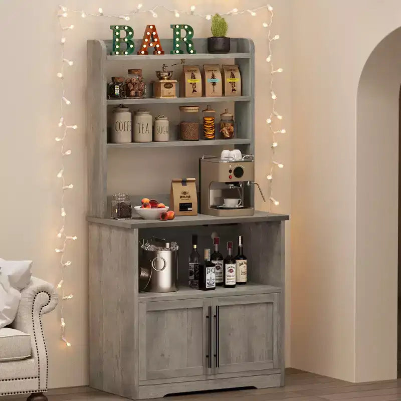 Microwave Stand Bakers Rack Cabinet, Farmhouse Wooden Storage Cabinet with Power Outlet with Thickened Counter