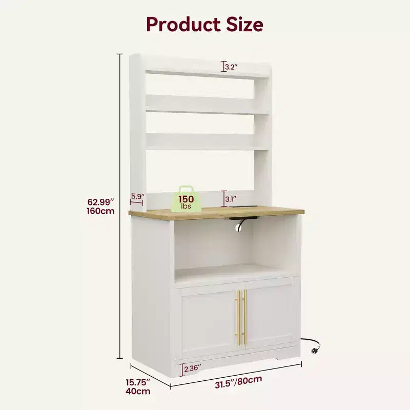 Microwave Stand Bakers Rack Cabinet, Farmhouse Wooden Storage Cabinet with Power Outlet with Thickened Counter