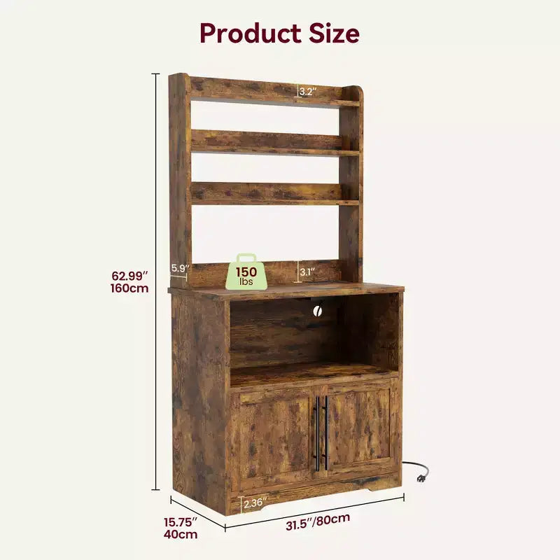 Microwave Stand Bakers Rack Cabinet, Farmhouse Wooden Storage Cabinet with Power Outlet with Thickened Counter