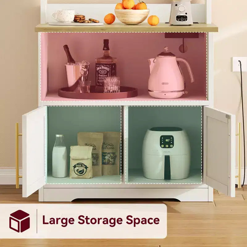 Microwave Stand Bakers Rack Cabinet, Farmhouse Wooden Storage Cabinet with Power Outlet with Thickened Counter