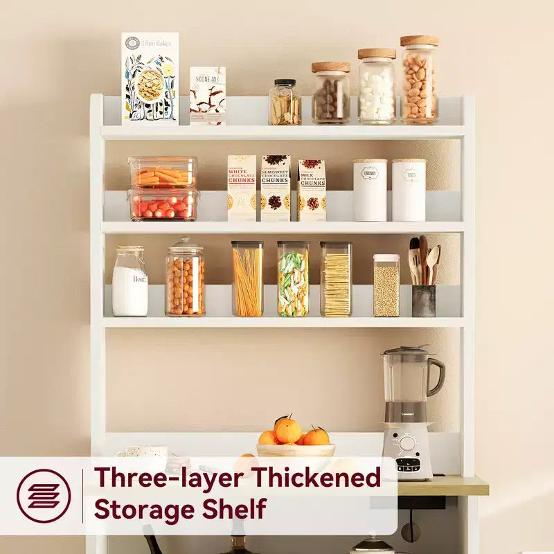 Microwave Stand Bakers Rack Cabinet, Farmhouse Wooden Storage Cabinet with Power Outlet with Thickened Counter