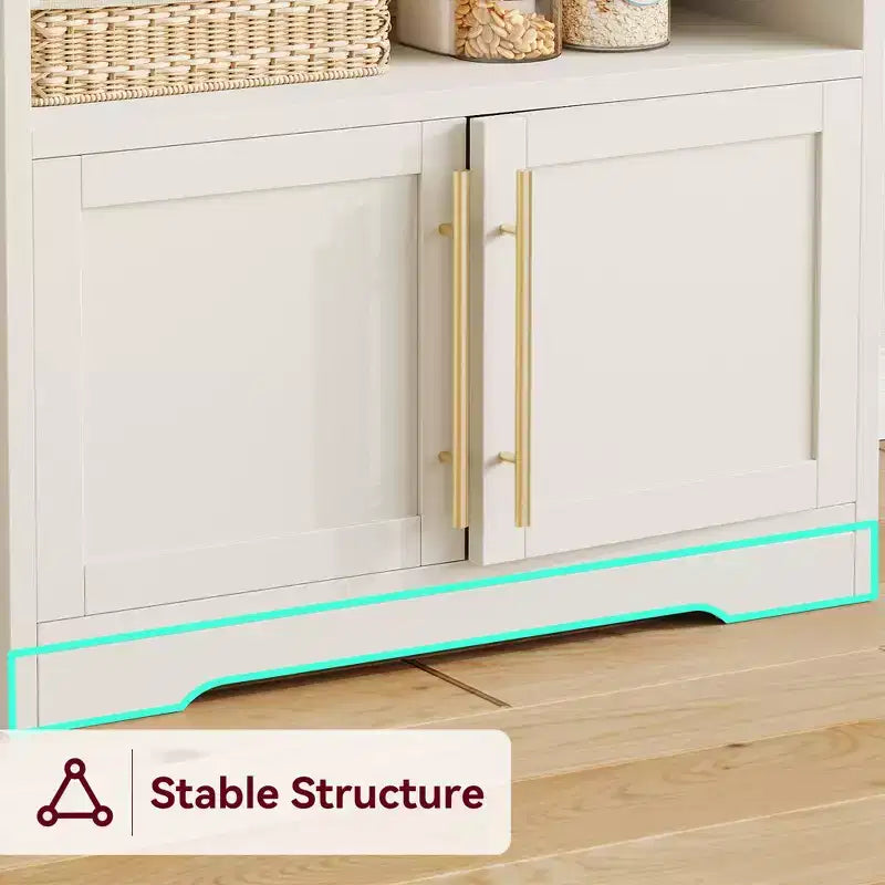 Microwave Stand Bakers Rack Cabinet, Farmhouse Wooden Storage Cabinet with Power Outlet with Thickened Counter