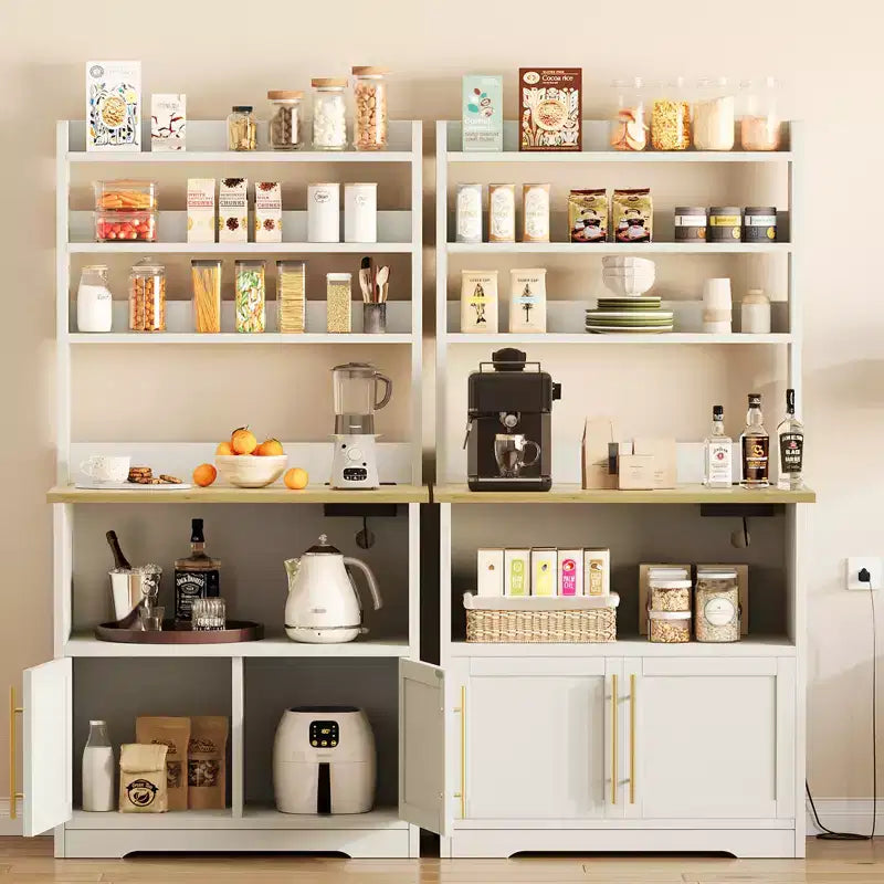 Microwave Stand Bakers Rack Cabinet, Farmhouse Wooden Storage Cabinet with Power Outlet with Thickened Counter