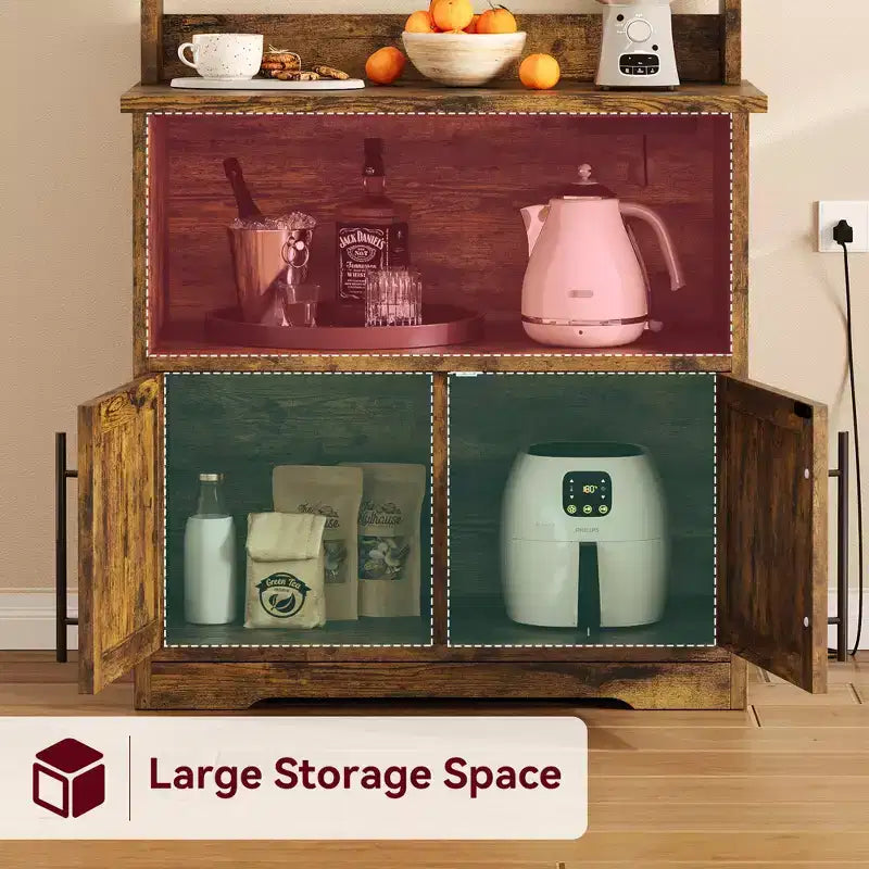 Microwave Stand Bakers Rack Cabinet, Farmhouse Wooden Storage Cabinet with Power Outlet with Thickened Counter
