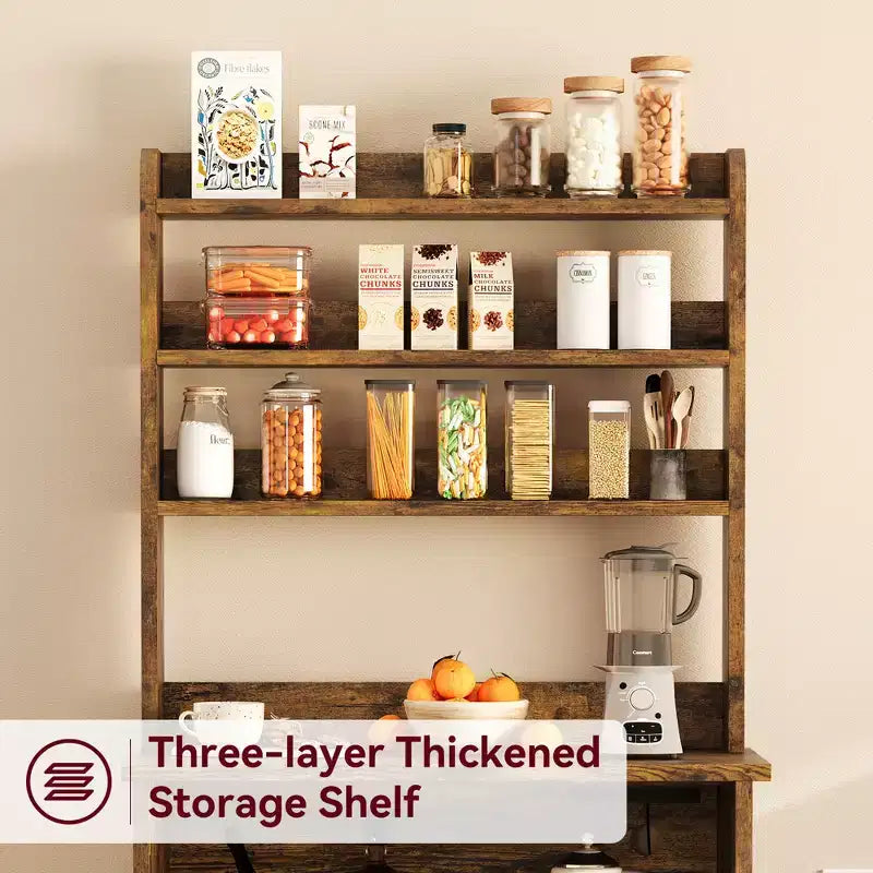 Microwave Stand Bakers Rack Cabinet, Farmhouse Wooden Storage Cabinet with Power Outlet with Thickened Counter