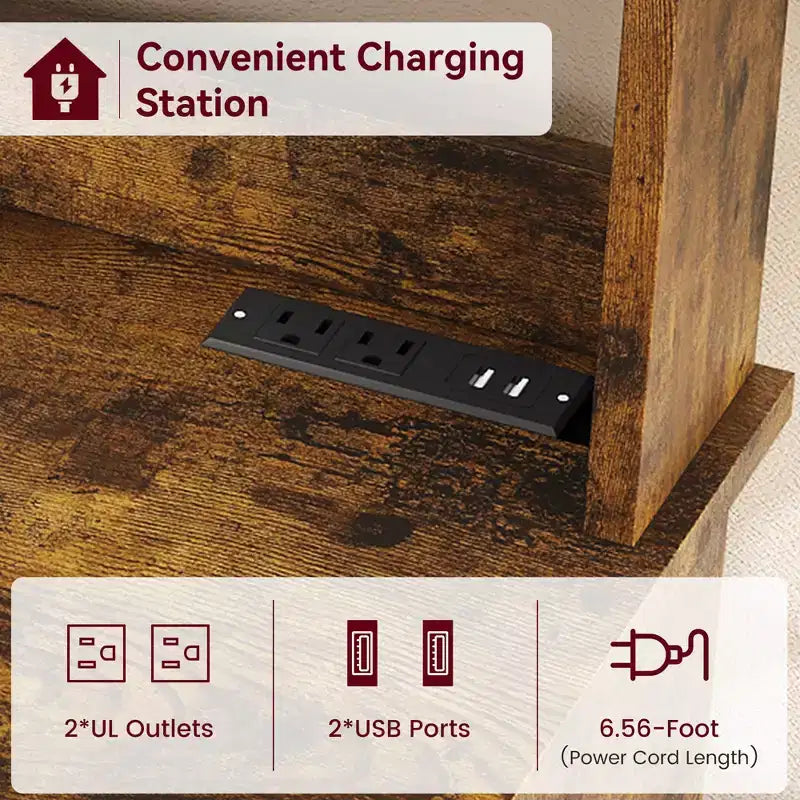 Microwave Stand Bakers Rack Cabinet, Farmhouse Wooden Storage Cabinet with Power Outlet with Thickened Counter